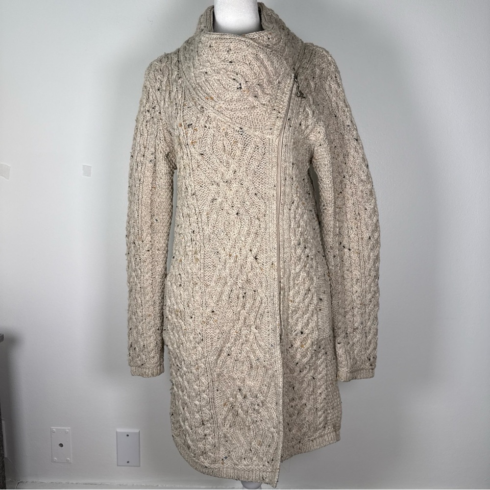 Aran Mor Long Claddagh Side Zip Cardigan Tan Chunky Knit Merino Wool Size Small